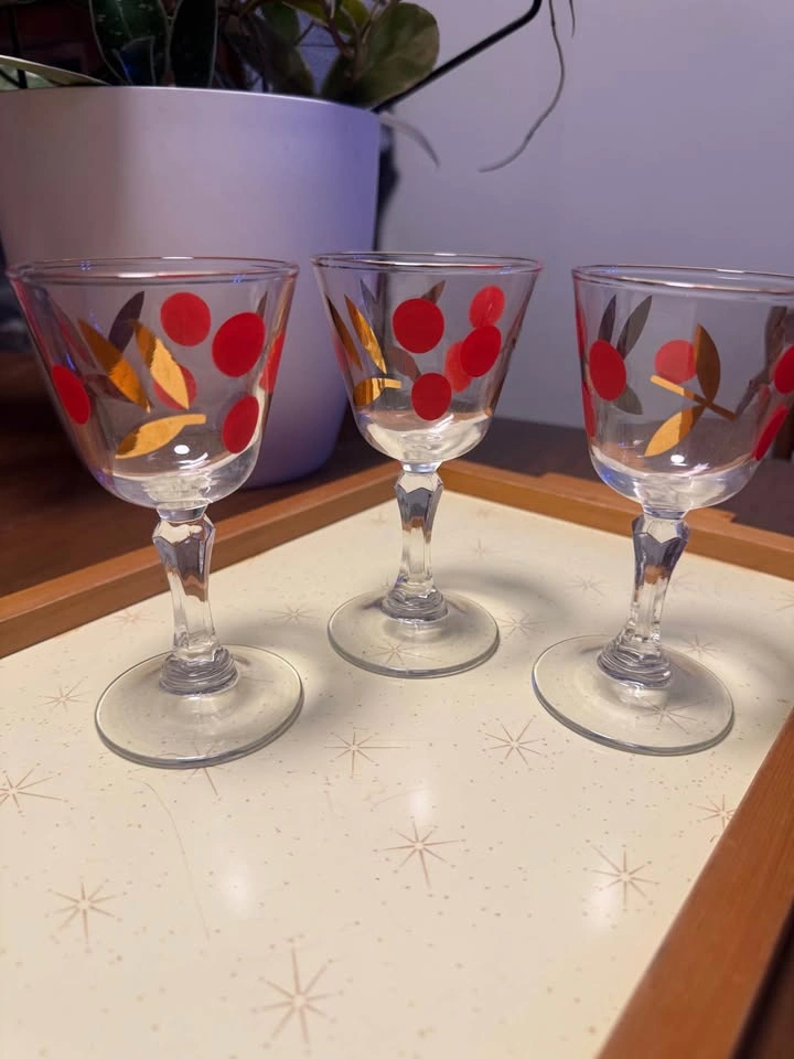 Set of 3 Vintage Federal red polka dot and gold leaf cordial gla - photo 2
