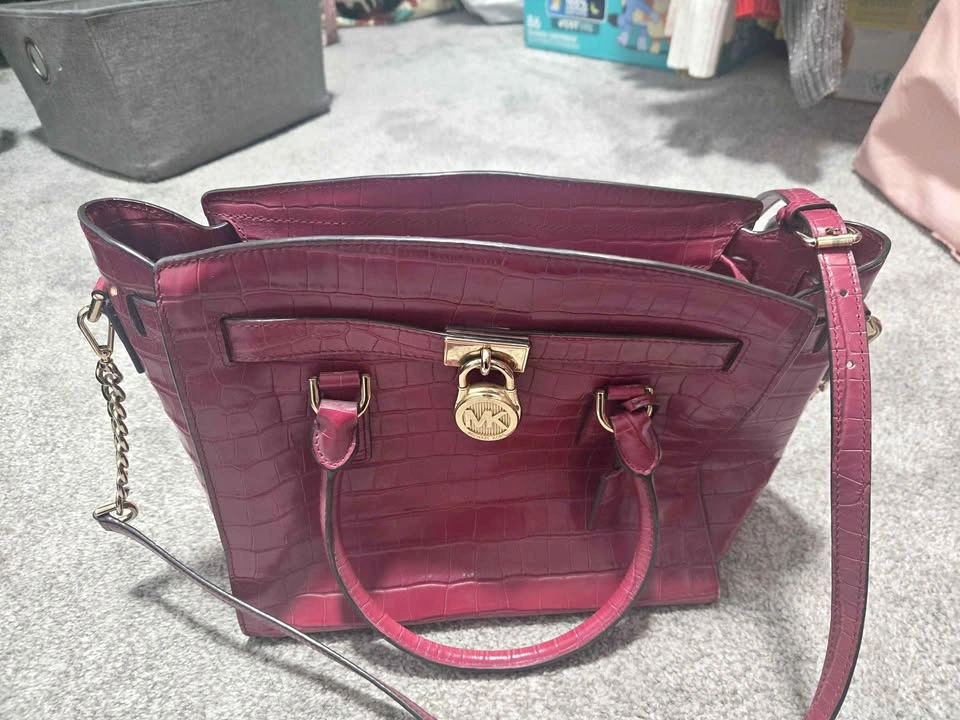 Michael Kors Hamilton Croc-Embossed Satchel in Berry
