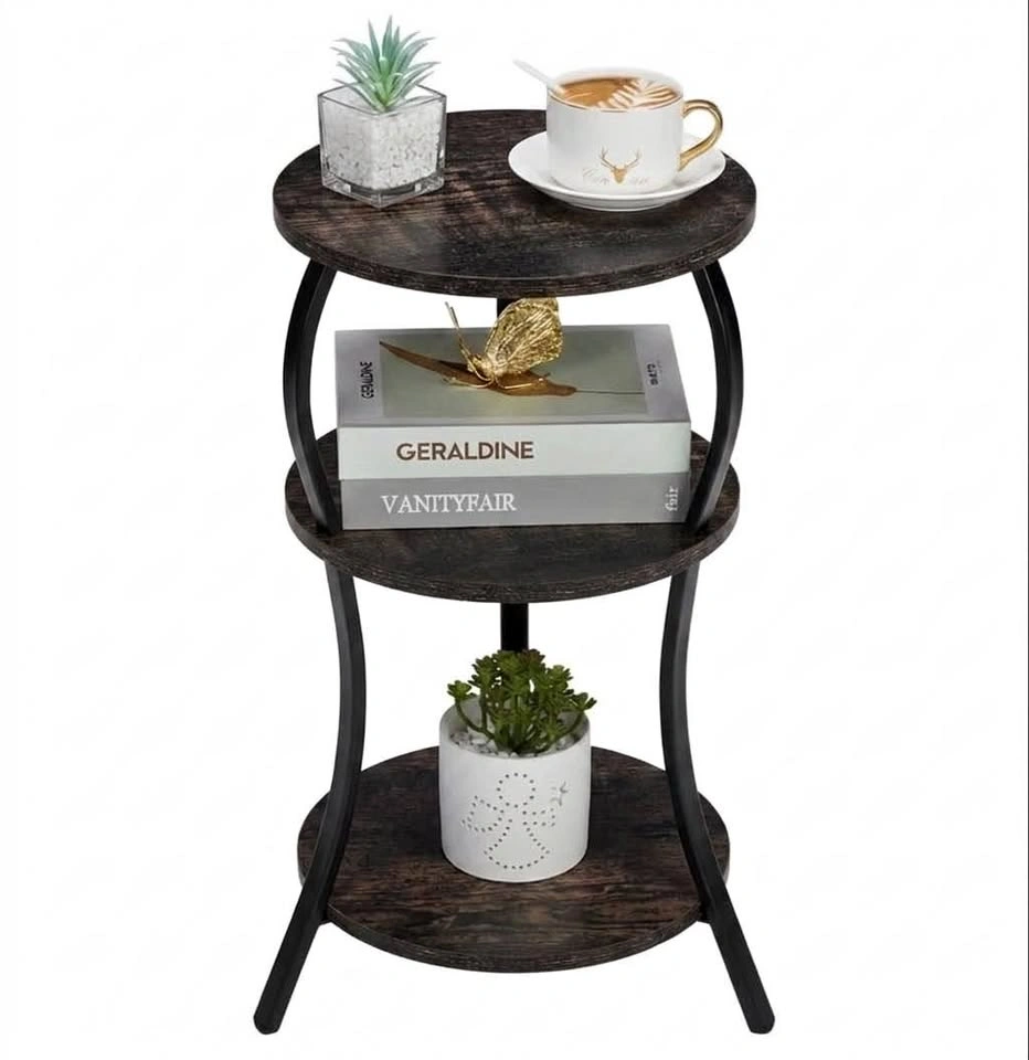 3-Tier Small Round Side Table & Nightstand - Dark Oak