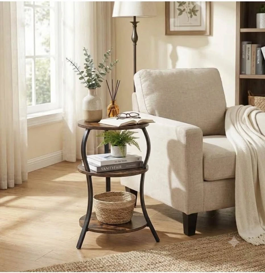 3-Tier Small Round Side Table & Nightstand - Dark Oak - photo 2