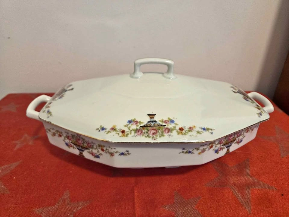 Antique Union Czechoslovakia Floral Covered Octagonal Vegetable
