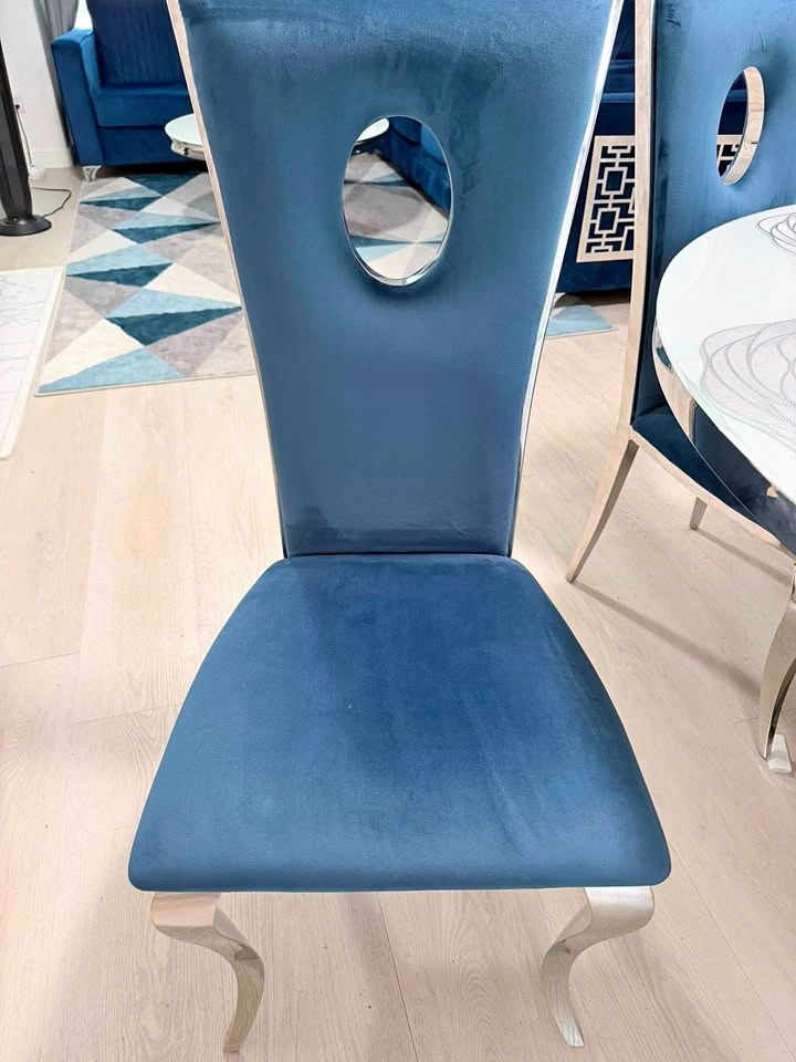 Round White Glass Dining Table with 6 Blue Velvet Chairs
