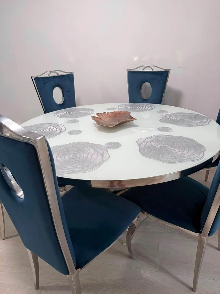 Round White Glass Dining Table with 6 Blue Velvet Chairs - photo 3