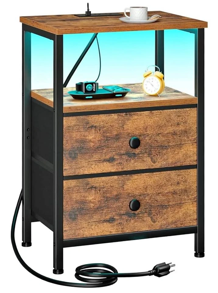 LOAKEKEL Nightstand with Charging Station + LED Light | 2 Drawer