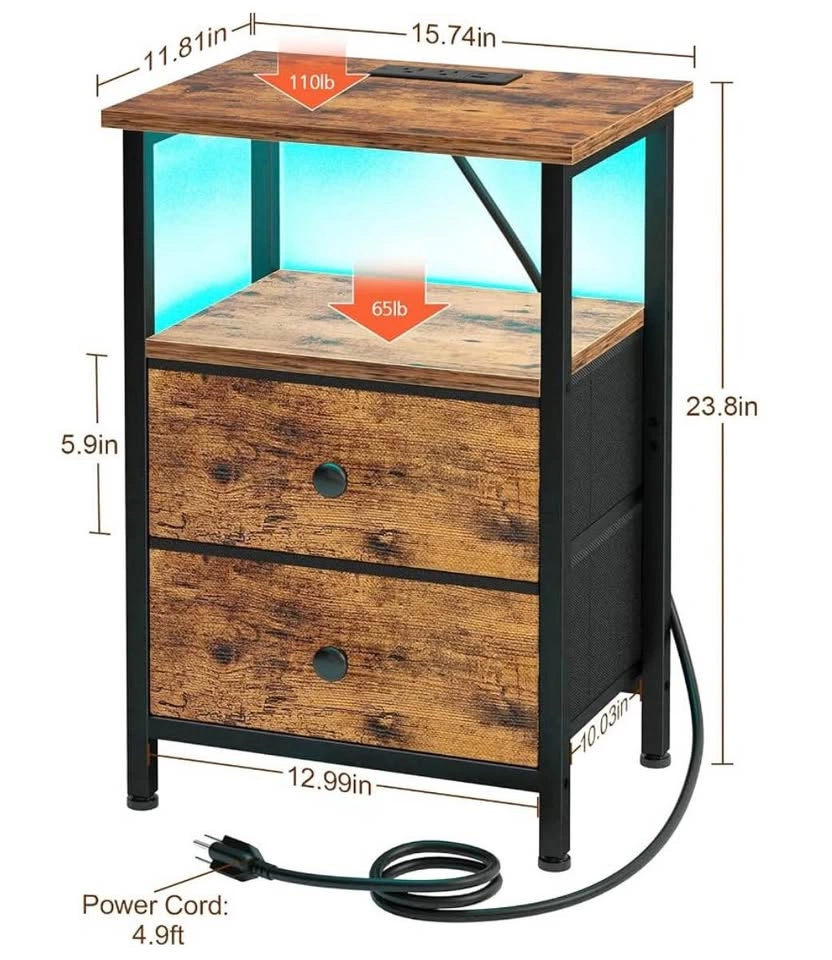 LOAKEKEL Nightstand with Charging Station + LED Light | 2 Drawer - photo 2