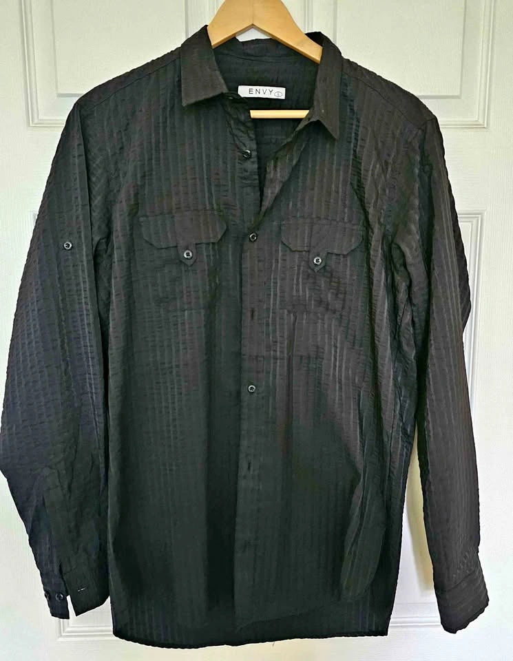 ENVY Men's Size L Black Long Sleeve Seersucker Button-Down Shirt