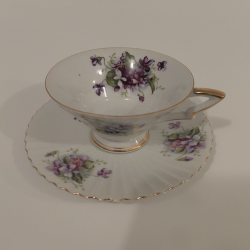Vintage Lefton China Purple Violet Teacup Saucer Set Hand Painte