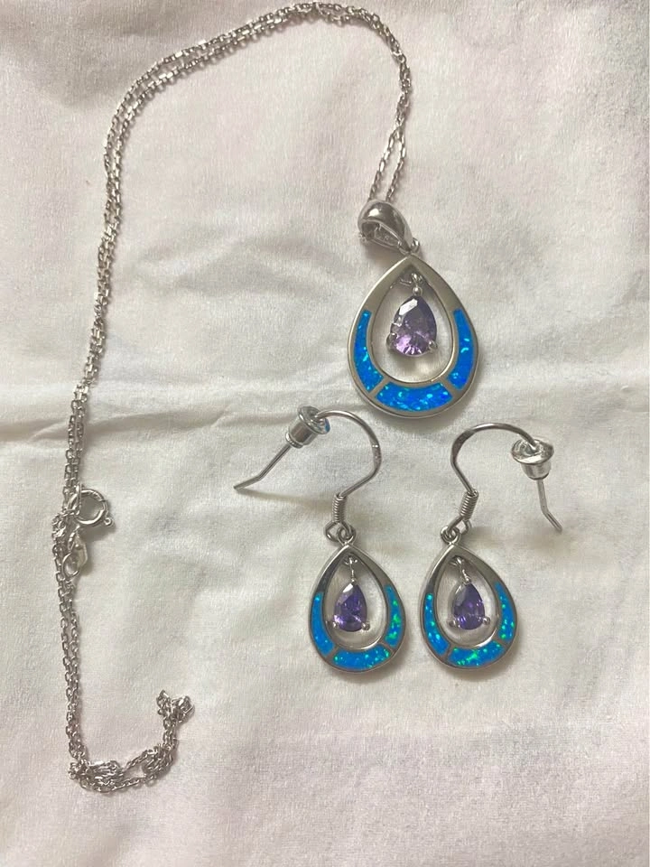 CI 925 Italy Opal & Amethyst Teardrop Jewelry Set