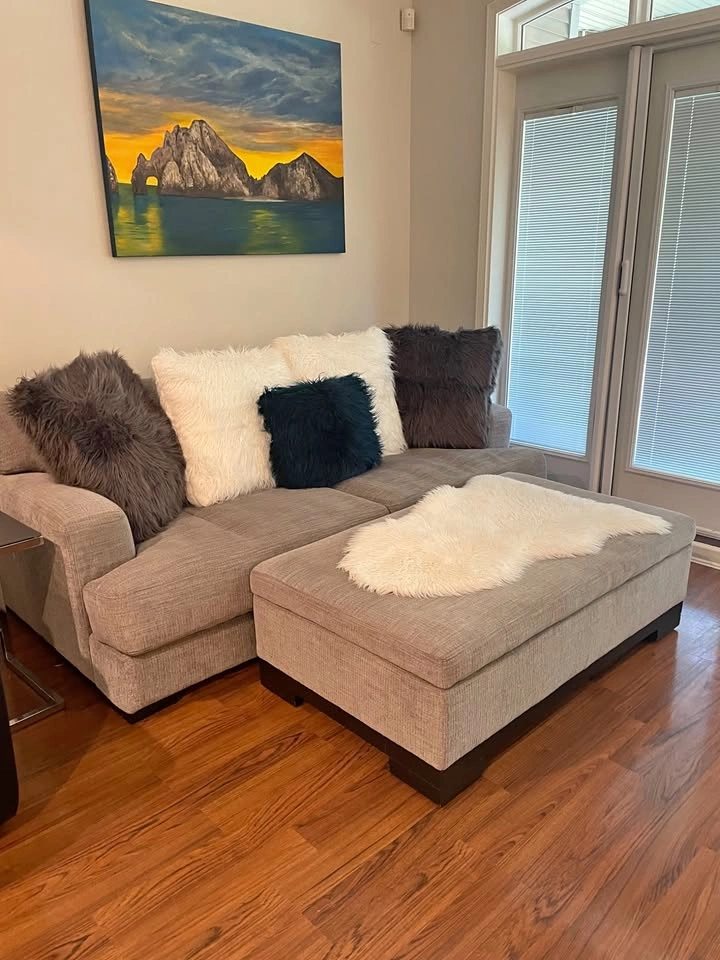 Custom built Sofa, storage ottoman and cushions