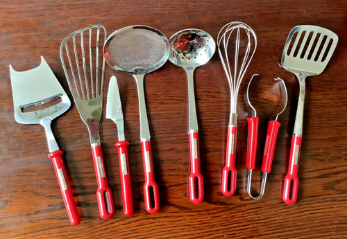 Suncraft made in Japan kitchen utensils - 8 pc set red handled