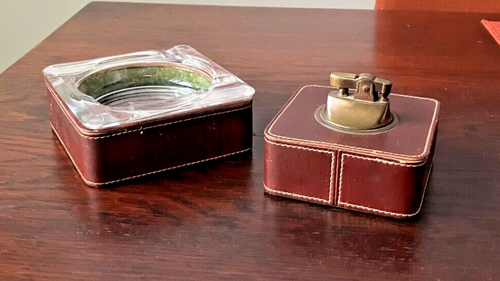 Vintage Leather wrapped ashtray and lighter set