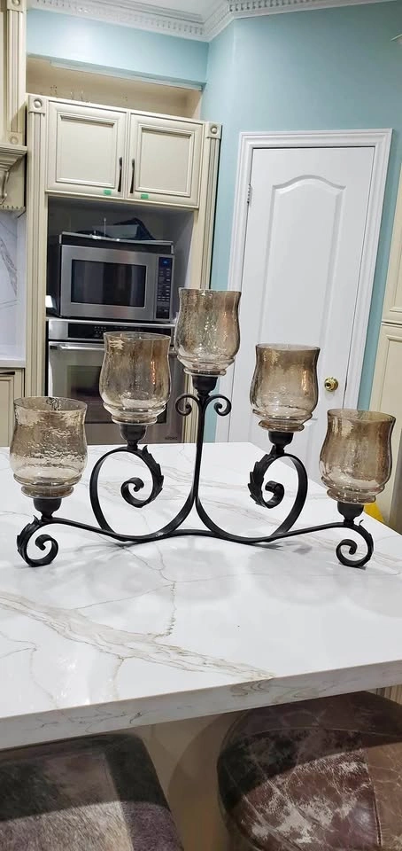 5-Cup Wrought Iron Candelabra with Amber Glass