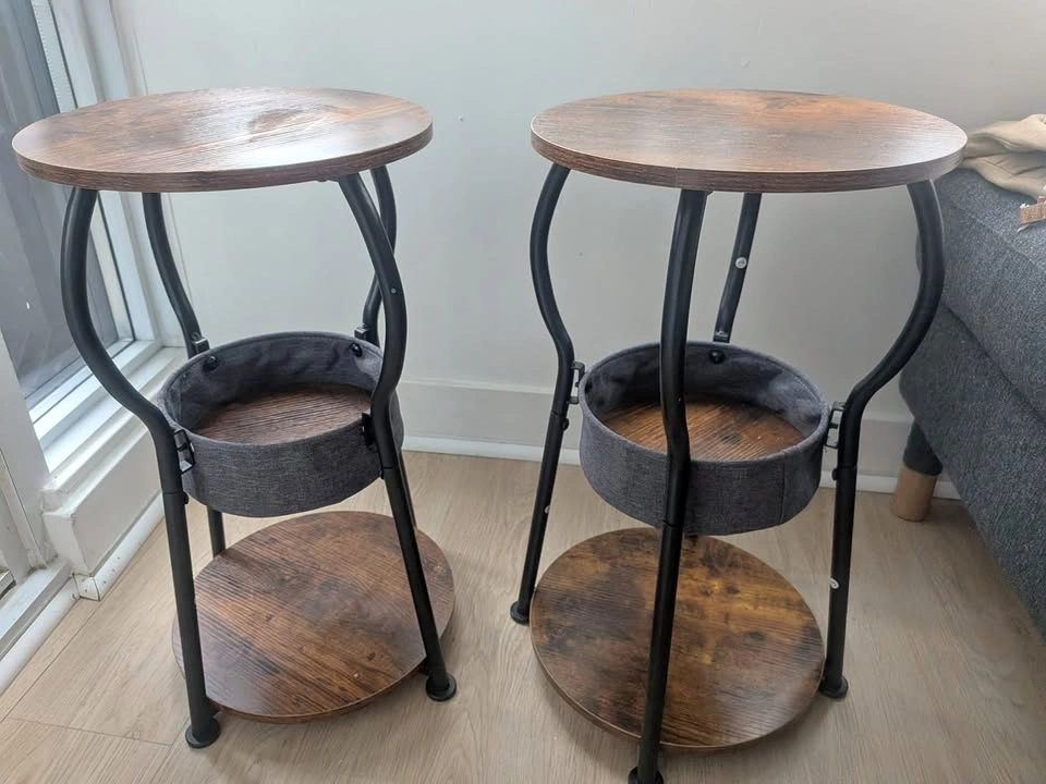 Two Rustic Brown Round Side Tables with Storage Bags