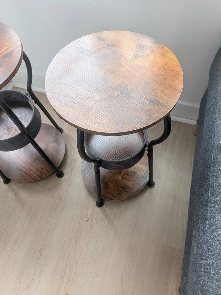 Two Rustic Brown Round Side Tables with Storage Bags - photo 5