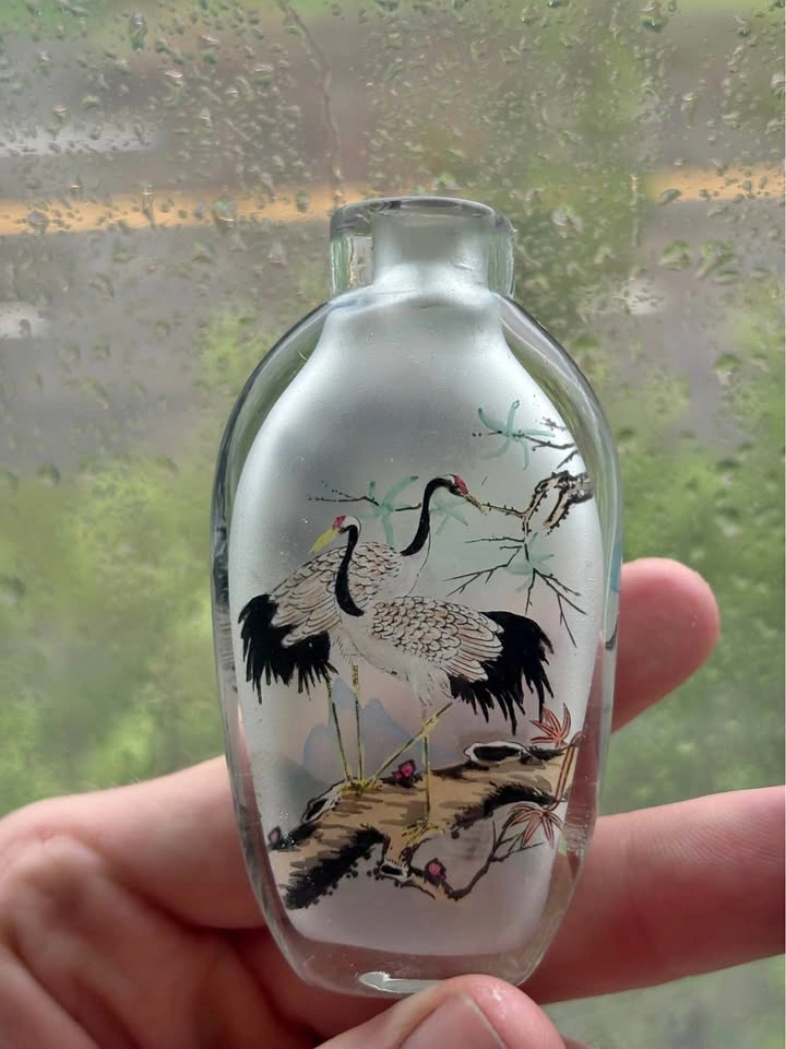 Vintage Chinese Inside-Painted Glass Snuff Bottle with Crane Mot