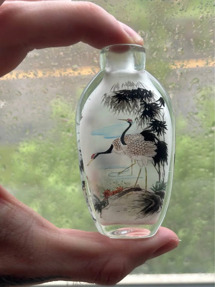 Vintage Chinese Inside-Painted Glass Snuff Bottle with Crane Mot - photo 2