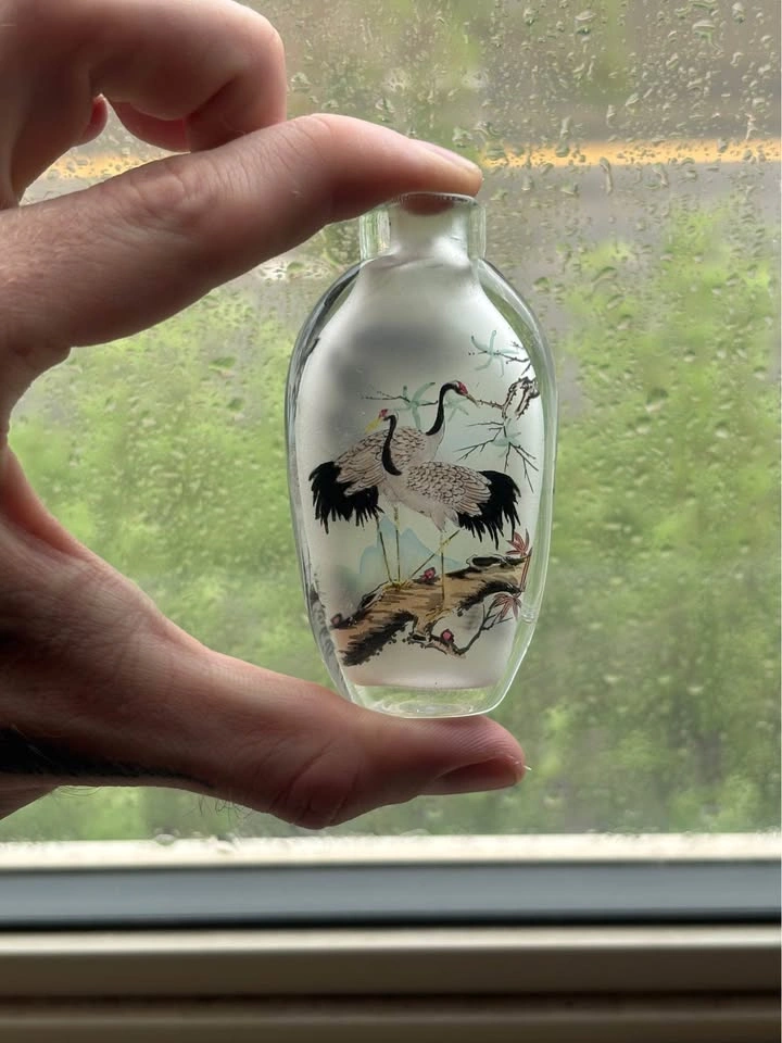 Vintage Chinese Inside-Painted Glass Snuff Bottle with Crane Mot - photo 3