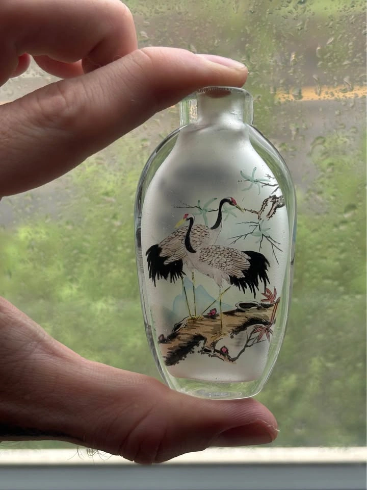 Vintage Chinese Inside-Painted Glass Snuff Bottle with Crane Mot - photo 4