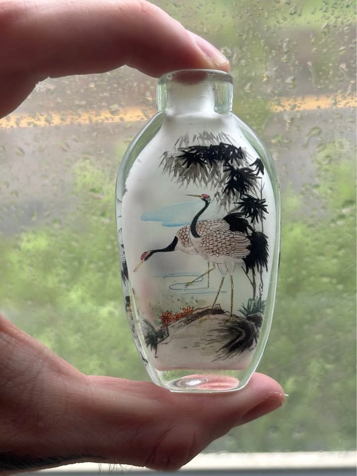Vintage Chinese Inside-Painted Glass Snuff Bottle with Crane Mot - photo 5