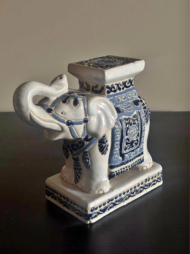 Vintage Blue and White Ceramic Elephant Garden Stool