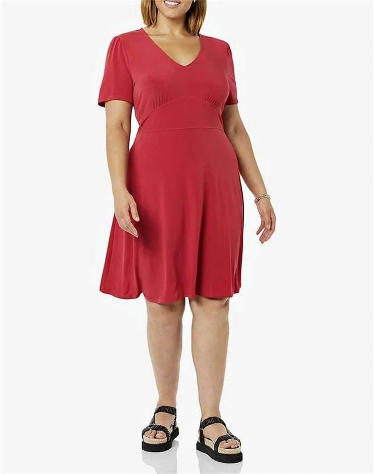 Womens Short Sleeve V-Neck Gathered Fit and Flare Dress RED Smal