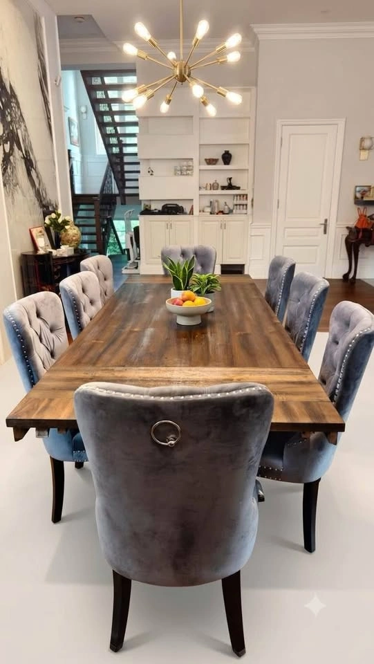 Large Extendable Rustic Wood Dining Table Set + 8 Tufted Velvet