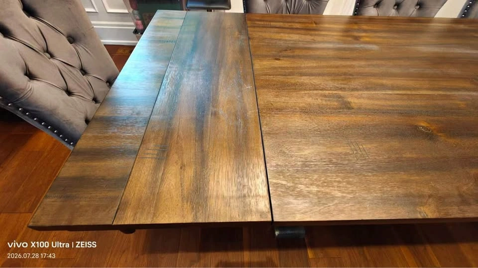 Large Extendable Rustic Wood Dining Table Set + 8 Tufted Velvet - photo 2
