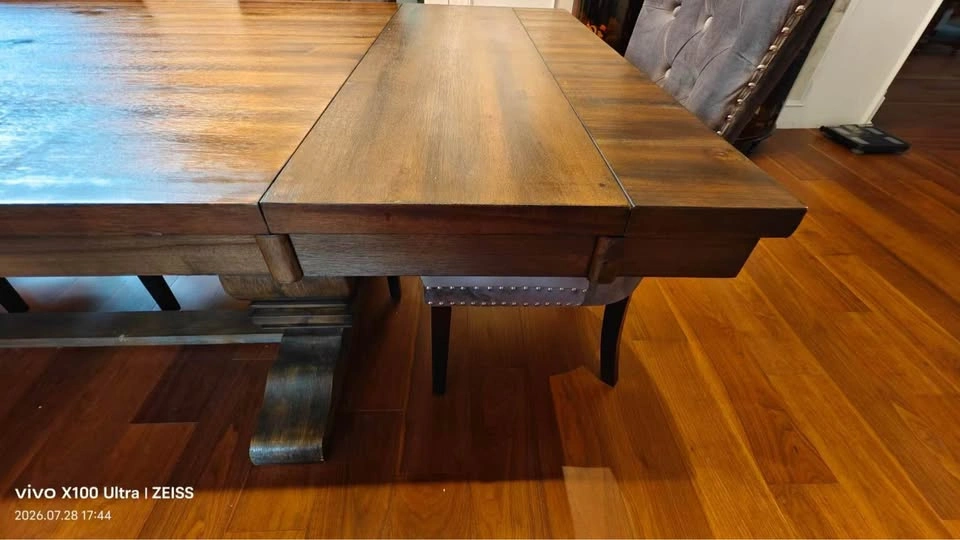 Large Extendable Rustic Wood Dining Table Set + 8 Tufted Velvet - photo 3