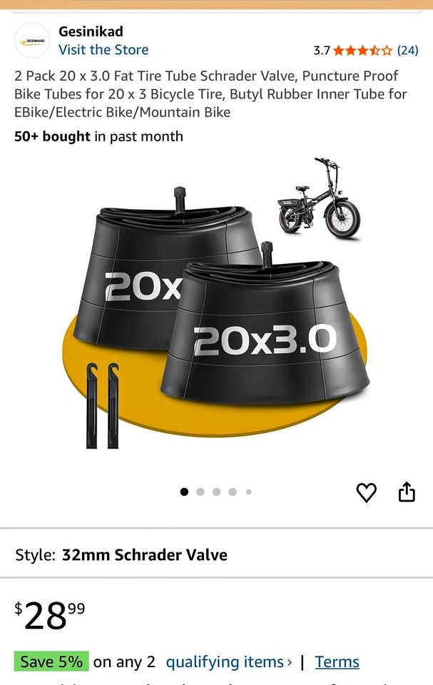 2 Pack 20 x 3.0 Fat Tire Tube Schrader Valve