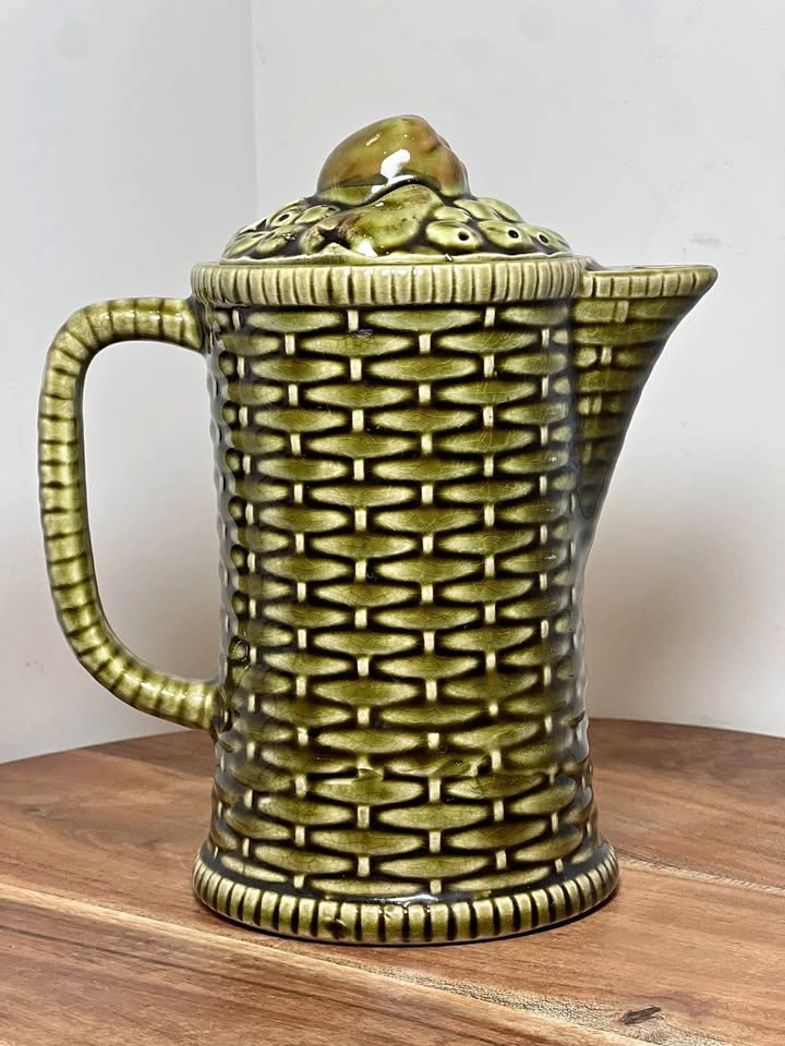 Vintage Green Majolica Basketweave Pitcher / Teapot with Fruit L