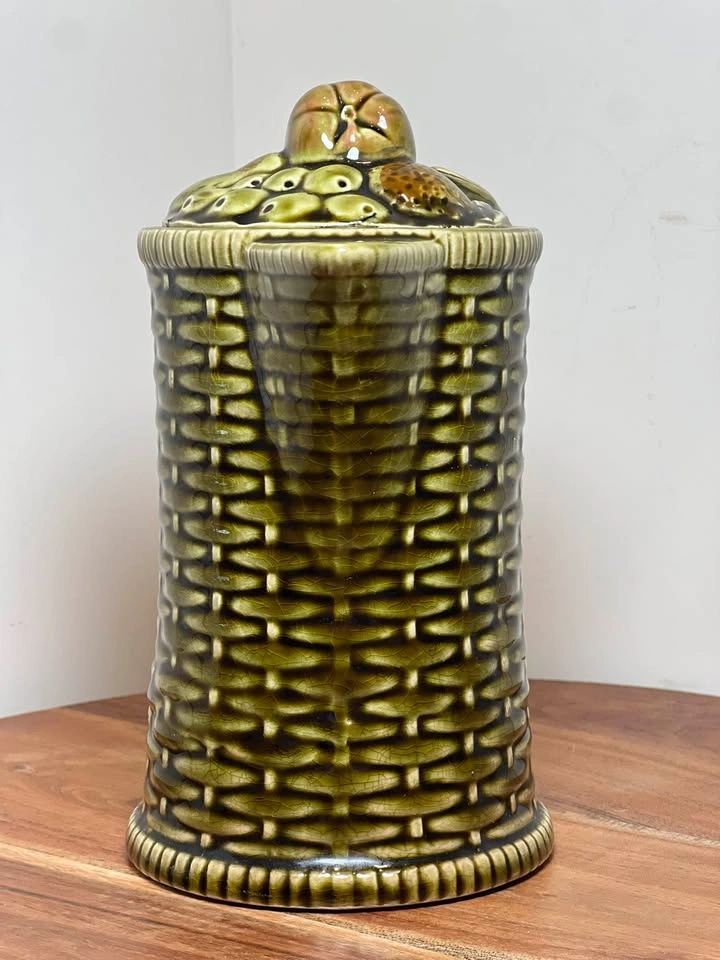 Vintage Green Majolica Basketweave Pitcher / Teapot with Fruit L - photo 3