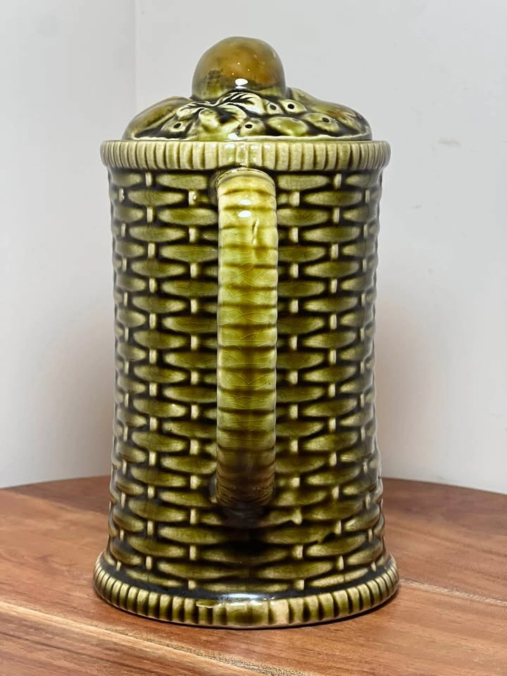 Vintage Green Majolica Basketweave Pitcher / Teapot with Fruit L - photo 4