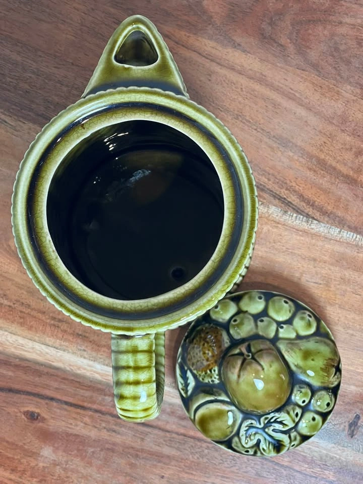 Vintage Green Majolica Basketweave Pitcher / Teapot with Fruit L - photo 5