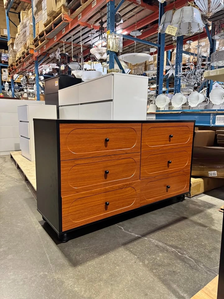 Mid-Century Modern 6-Drawer Dresser – Black & Walnut