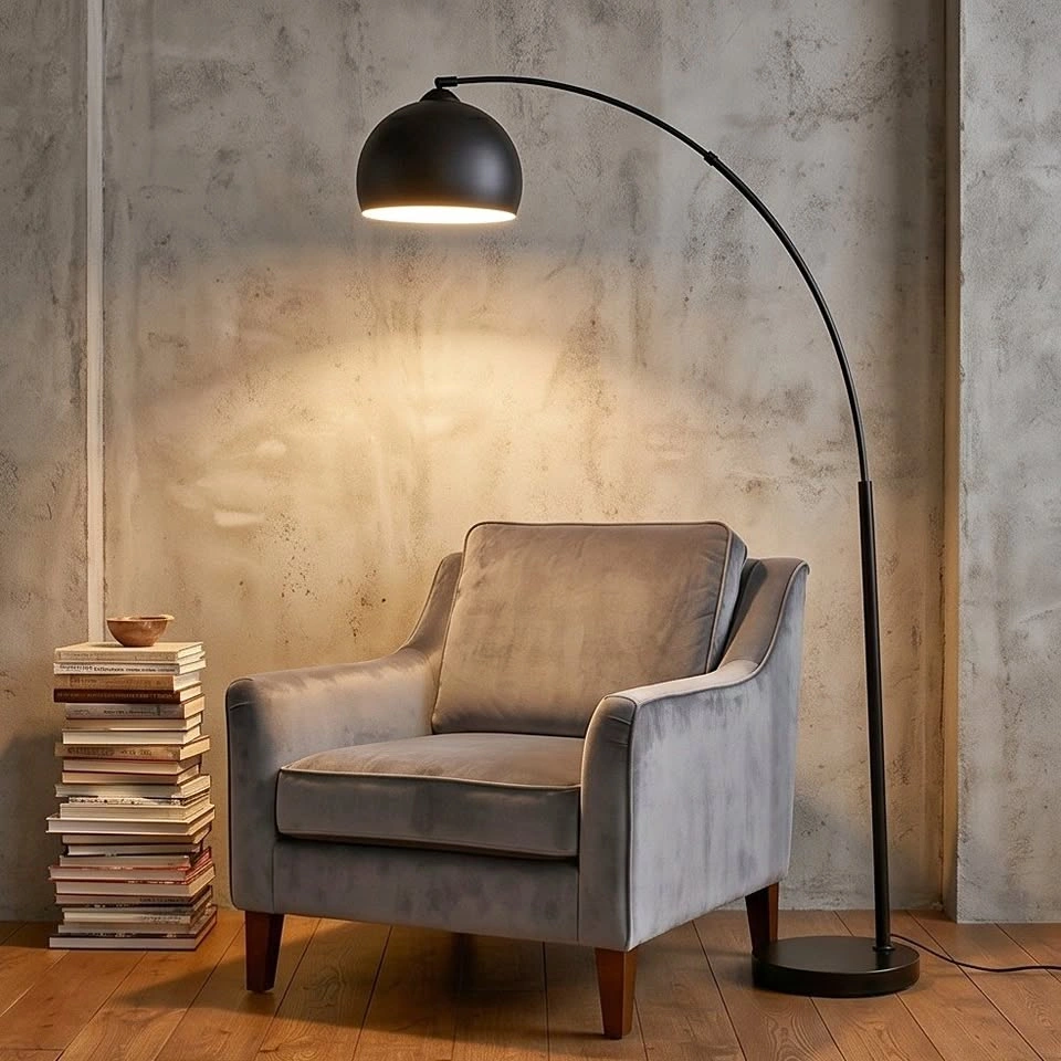 Dark Black Arc Floor Lamp with Faux Marble Base