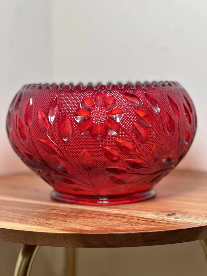 Vintage Ruby Red Pressed Glass Rose Bowl