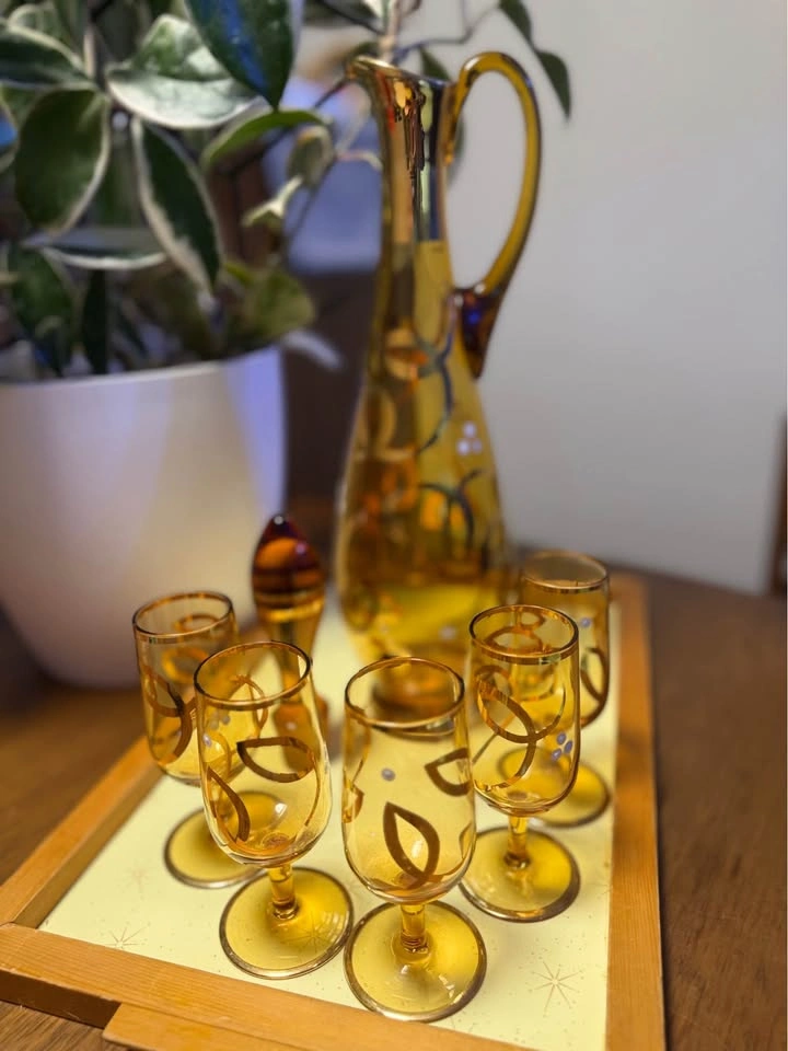 Vintage amber glass decanter and cordial set with gold overlay - photo 4