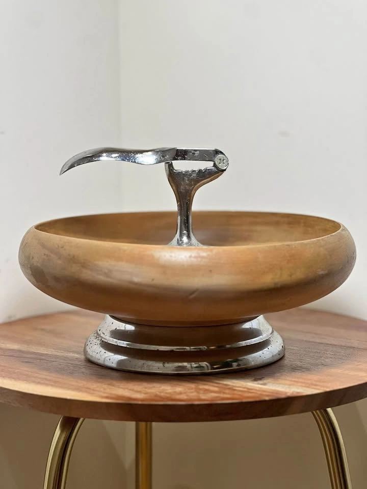 Vintage Mid-Century Modern Hellerware Wood & Chrome Nut Bowl