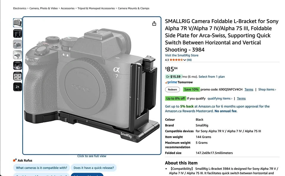 SMALLRIG Camera Foldable L-Bracket for Sony Alpha 7R V/7 IV