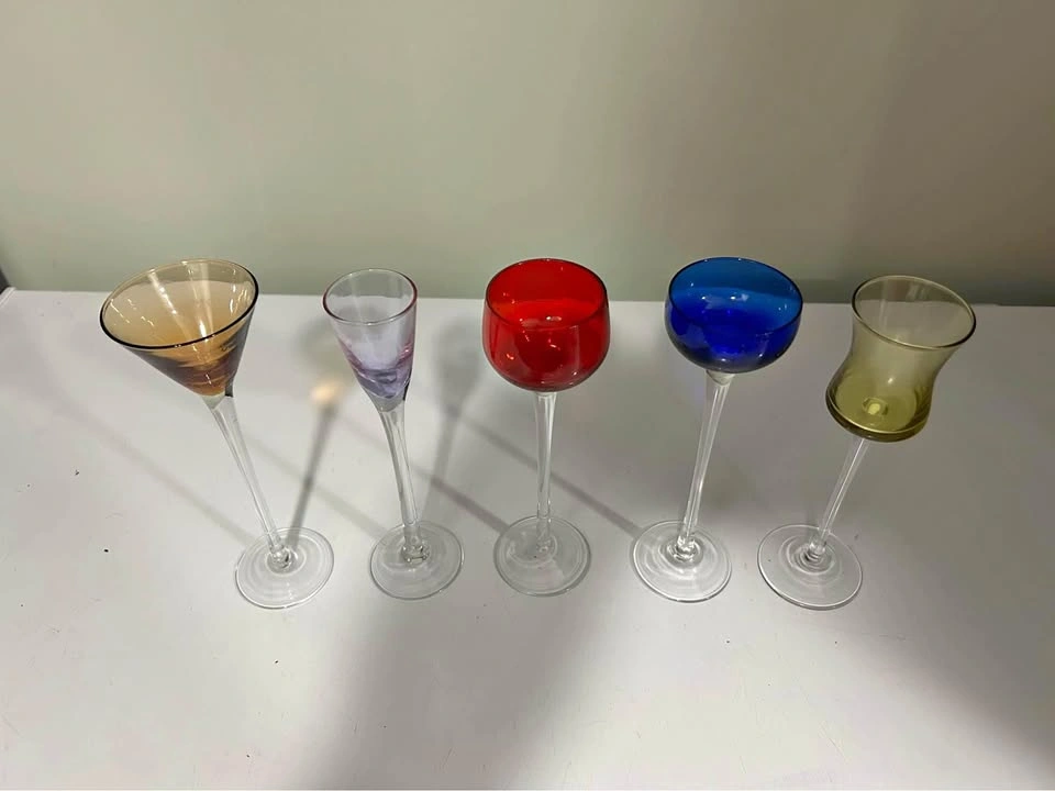 Vintage Set of 5 Multicolored Long Stemmed Liqueur Glasses