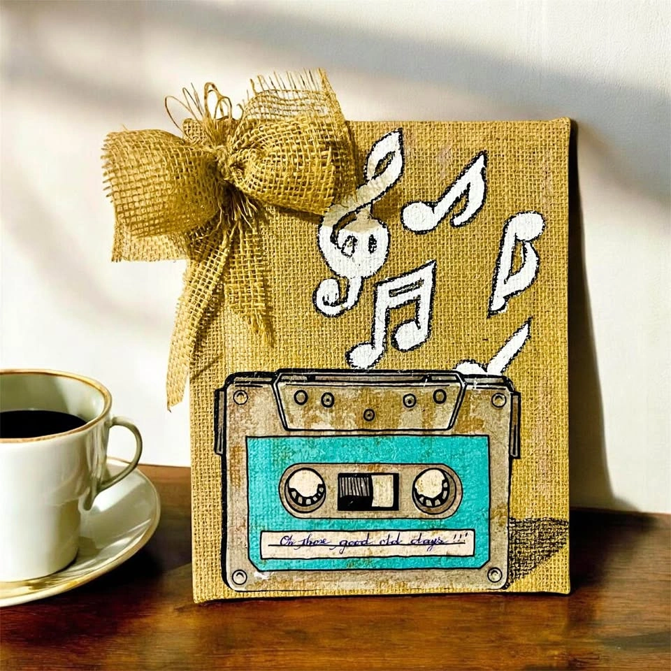 Vintage Retro Cassette on Burlap Canvas