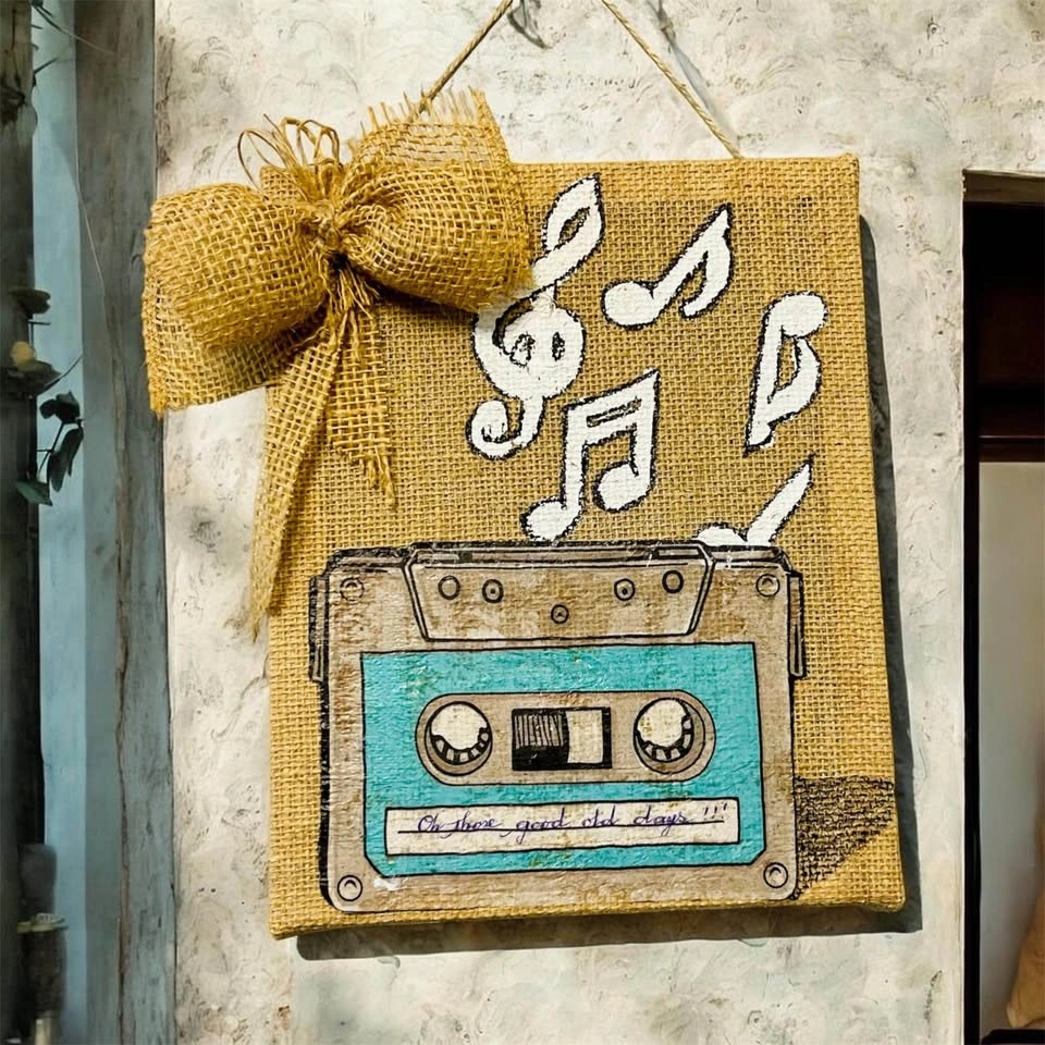 Vintage Retro Cassette on Burlap Canvas - photo 2