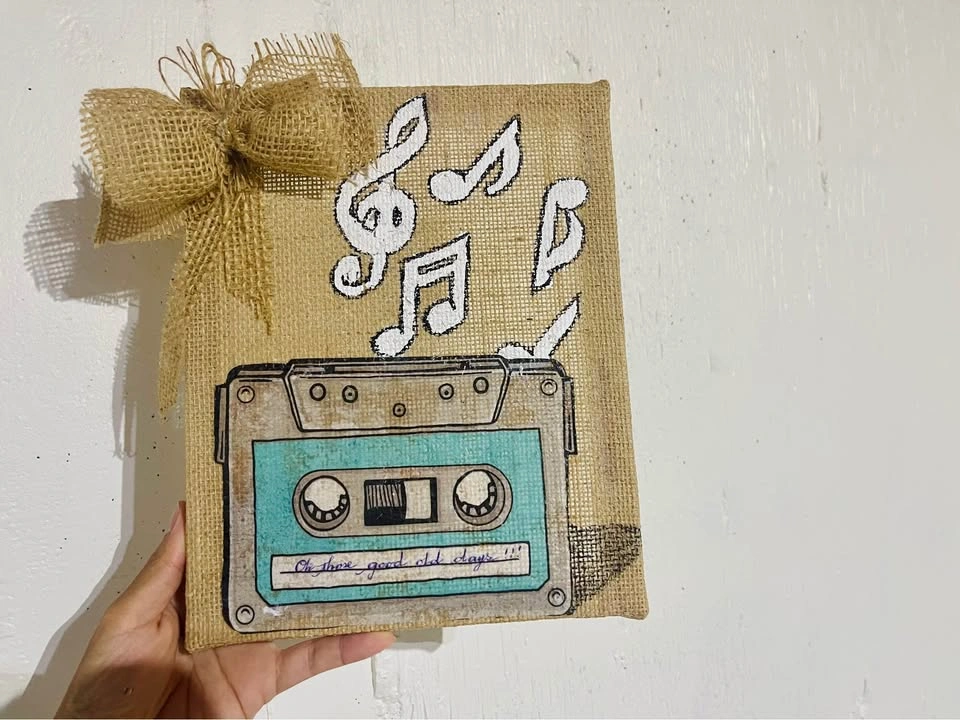 Vintage Retro Cassette on Burlap Canvas - photo 3
