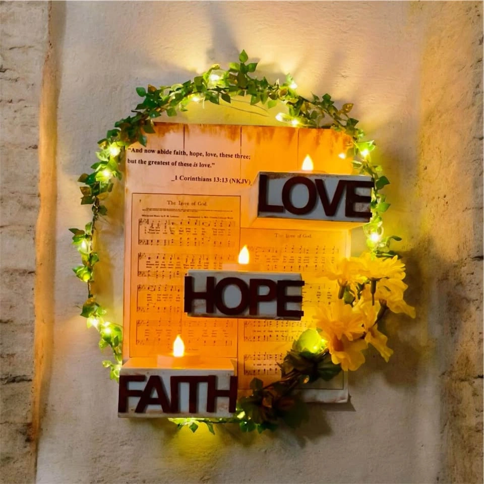 Handmade Faith Hope Love Wall Hanging with LED Candle Holder