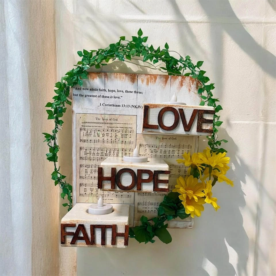 Handmade Faith Hope Love Wall Hanging with LED Candle Holder - photo 2