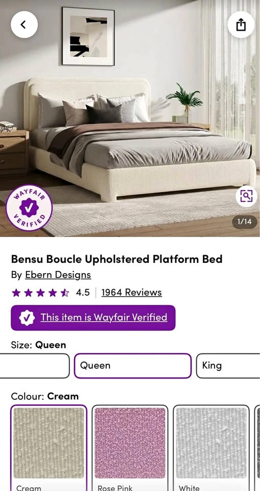Bensu Boucle Upholstered Platform Bed — Queen — Cream