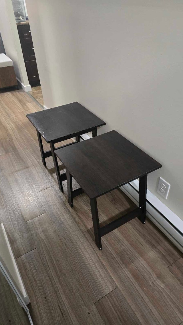 2 small espresso brown side tables
