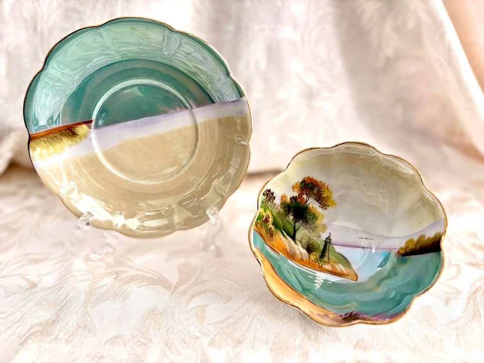 Antique Noritake Hand-Painted Porcelain Bowl and Saucer Set