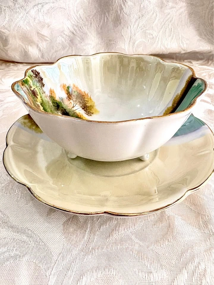 Antique Noritake Hand-Painted Porcelain Bowl and Saucer Set - photo 5