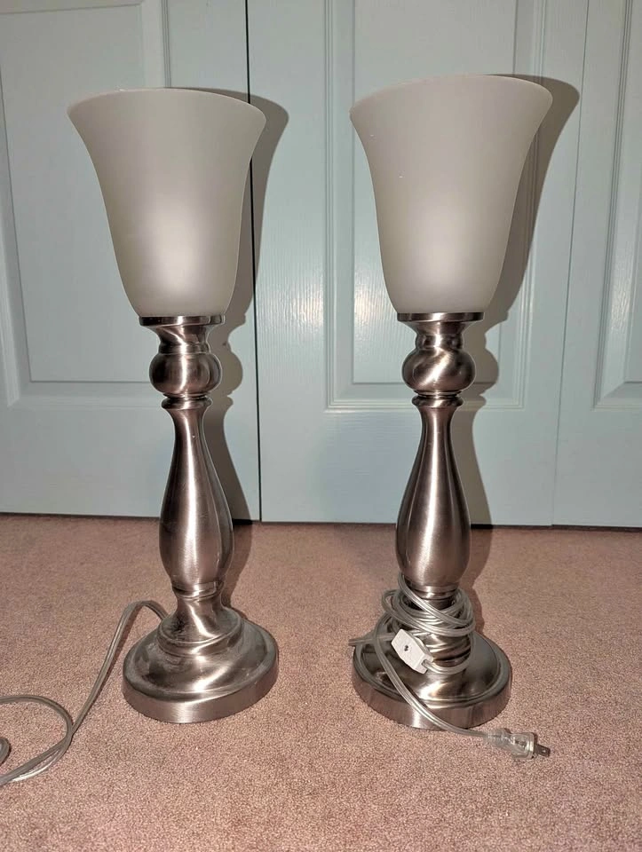 Brushed Nickel Uplight Table Lamp with Frosted Glass Shade - Set